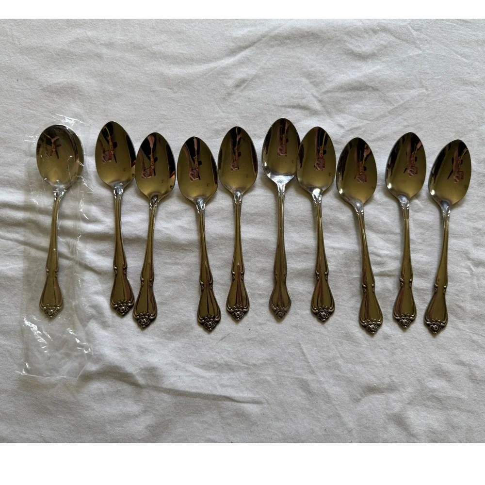 Oneida Roseanne Stainless Steel Spoons Set of 10 Floral Rose Teaspoons Soup USA